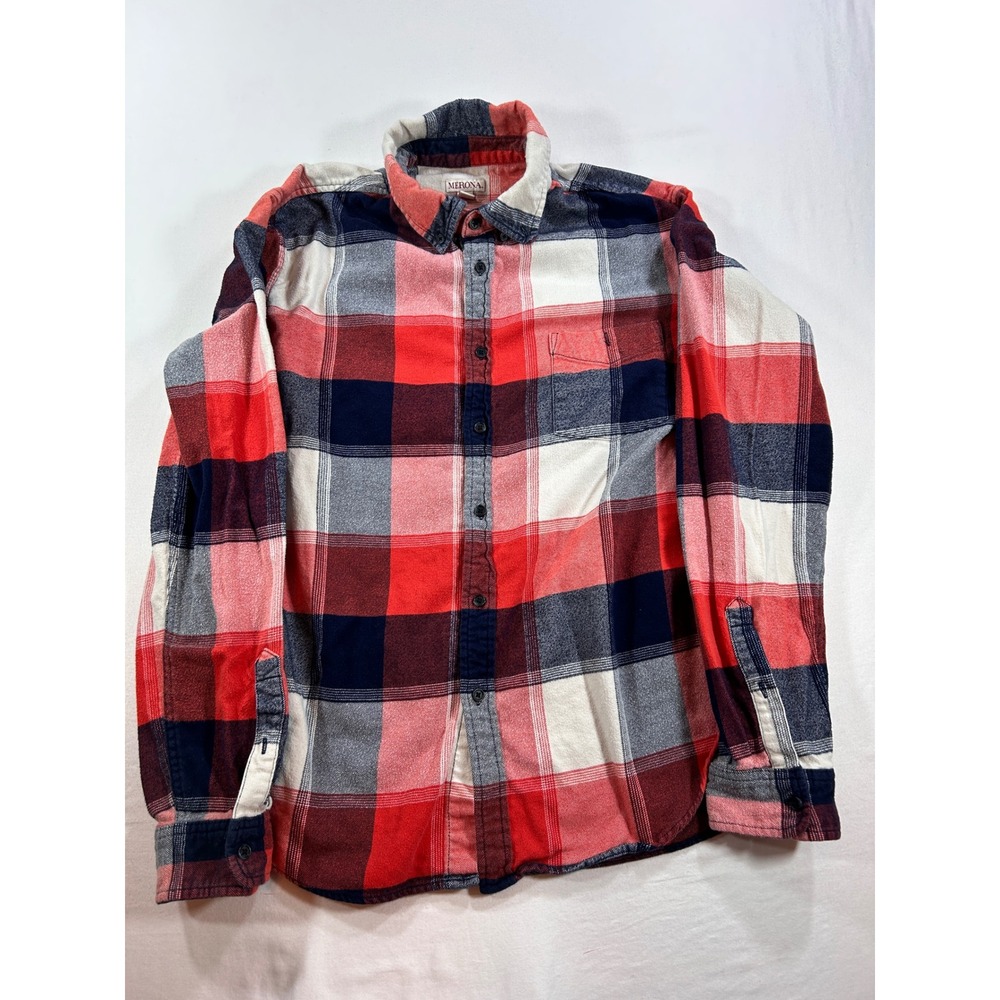Merona Mens XL Red Blue White Plaid Flannel Button Down Shirt Long Sleeve - Picture 1 of 6